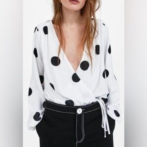 Zara White Wrap Top with Black Polka Dots